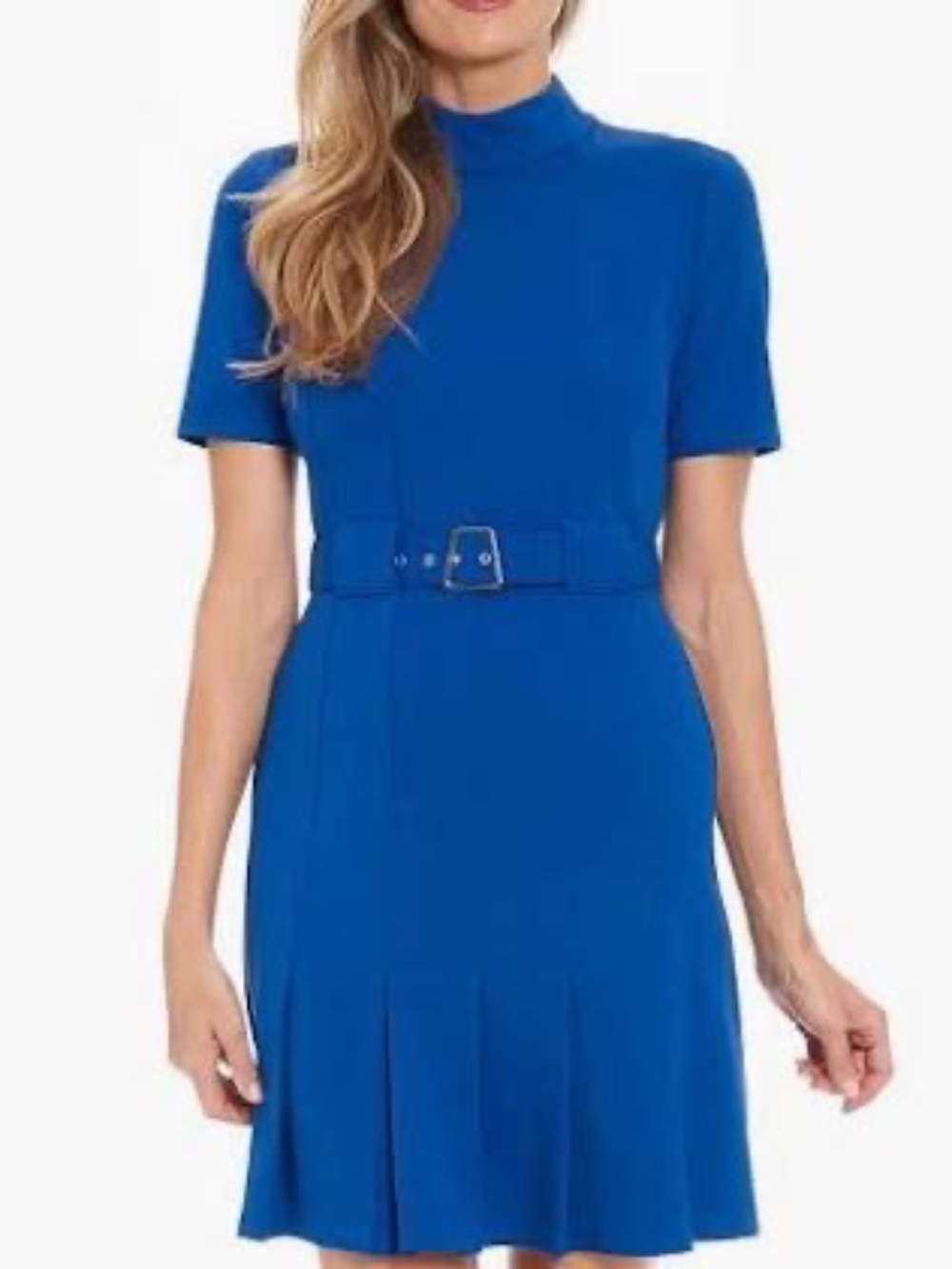 London Times Mock Neck Belted Pleated Scuba Crepe Dress Size 10